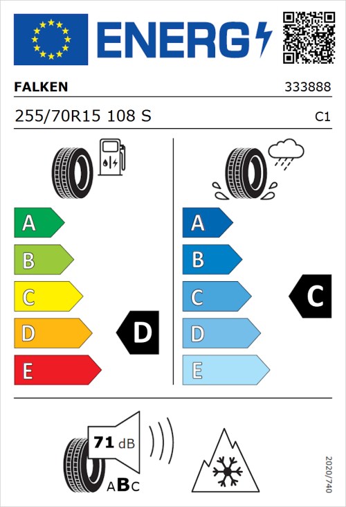 Tyre Label for Falken Wildpeak A/T AT3WA 255/70R15 108S