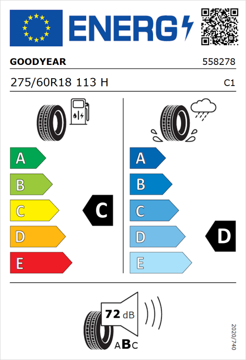 Tyre Label for Goodyear Wrangler HP All Weather 275/60R18 113H