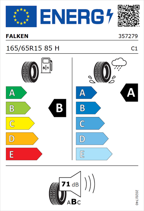 Tyre Label for Falken E.Ziex 165/65R15 85H