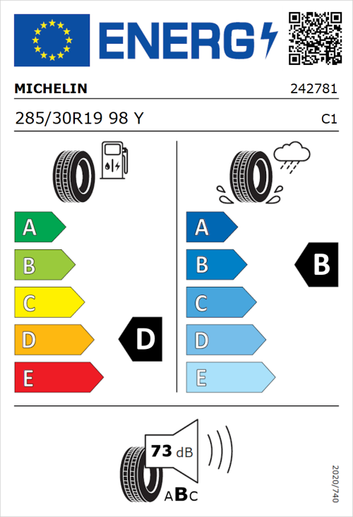 Tyre Label for Michelin Pilot Super Sport 285/30R19 98Y